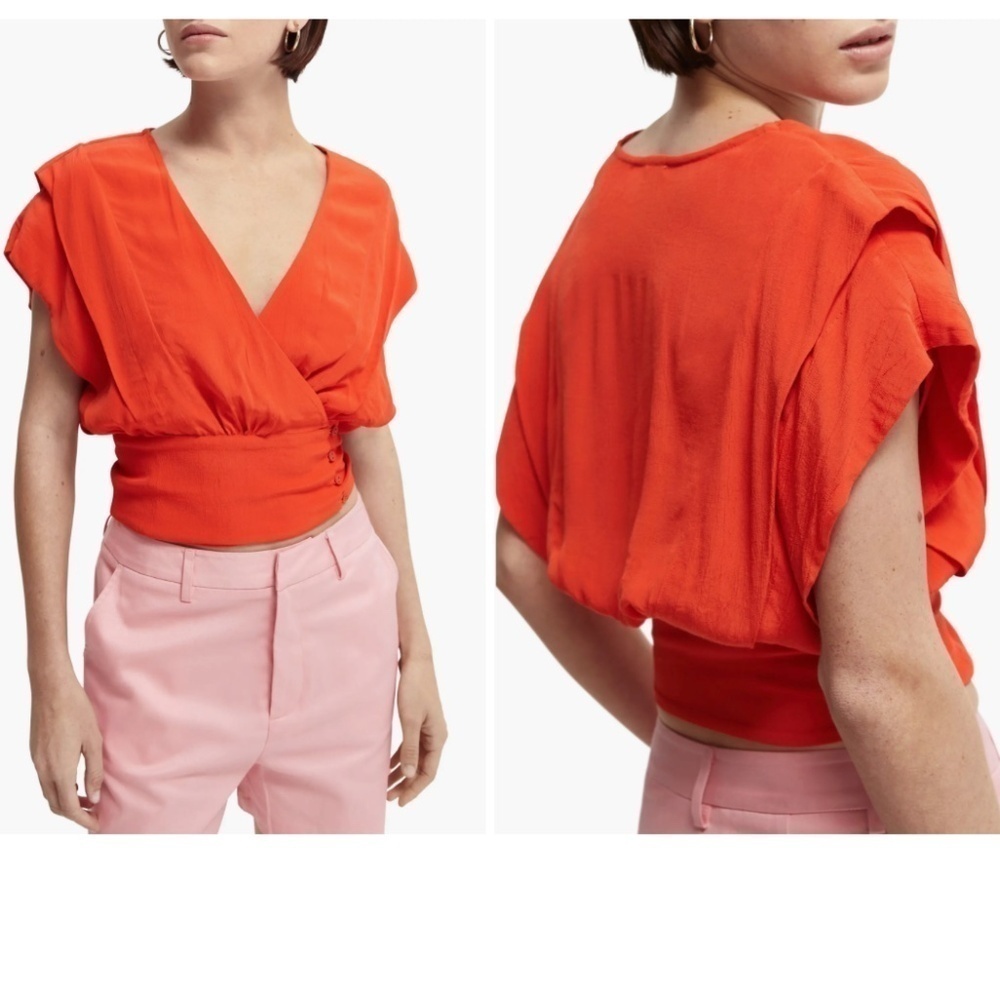 Scotch & Soda Short Sleeved Wrap Top in Poppy - Medium